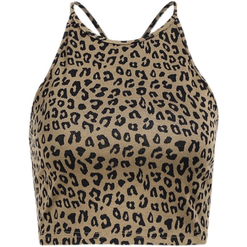Dame Crop-Top med trendy leopardmønster og smale stropper Skjora