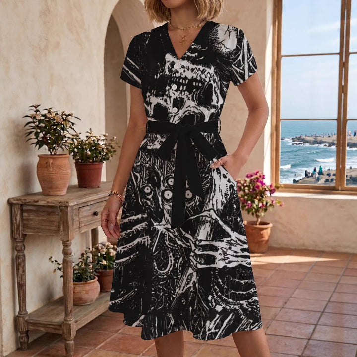 Damer Blomstrende Midikjole med innsnøring belte og kunstnerisk trykk Skjora