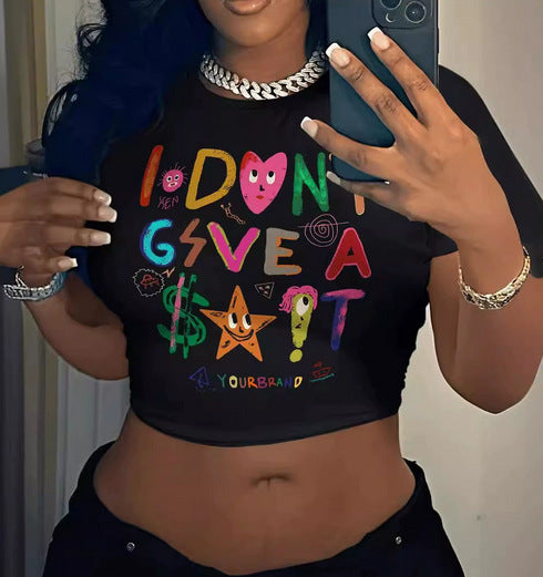 Dame Crop-T-skjorte med kreativt utsagn-design Skjora