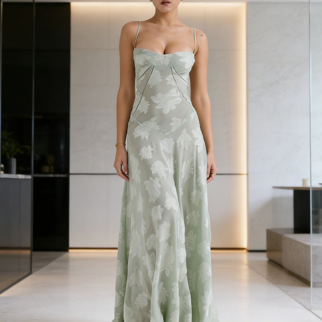 Women's elegant evening gown with floral print bodice and delicate spaghetti straps Skjora