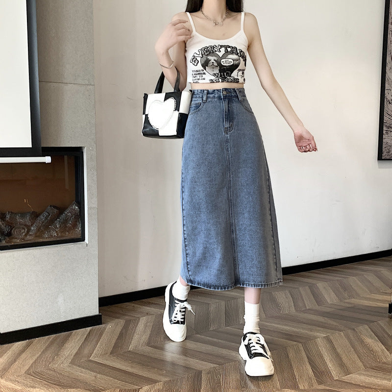 Kvinne midi denim skjørt med front splitt Skjora
