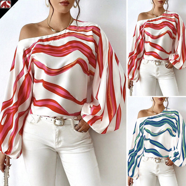 Dame Off-Shoulder Bluse med kunstnerisk mønster og voluminøse ermer Skjora