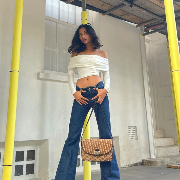 Damer Offshoulder Crop-Top med rynke Skjora