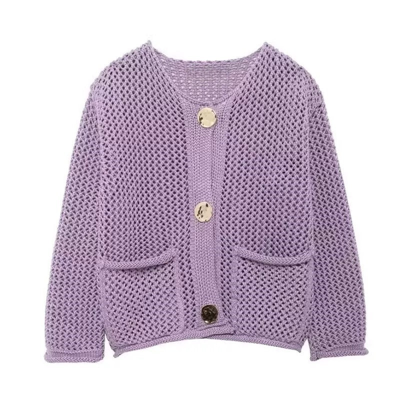 Damer mesh strikket cardigan med praktiske lommer og dekorative knapper Skjora