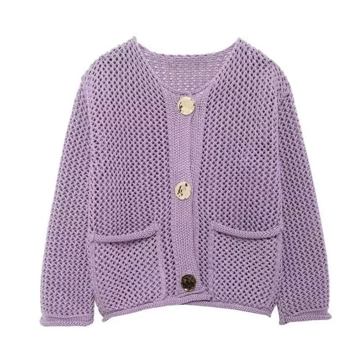 Damer mesh strikket cardigan med praktiske lommer og dekorative knapper Skjora