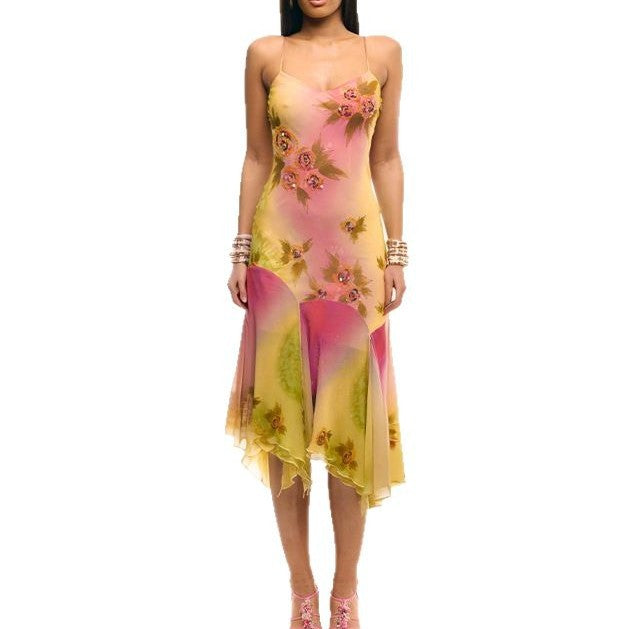 Dame Elegant Maxikjole med florale applikasjoner og asymmetrisk kant Skjora