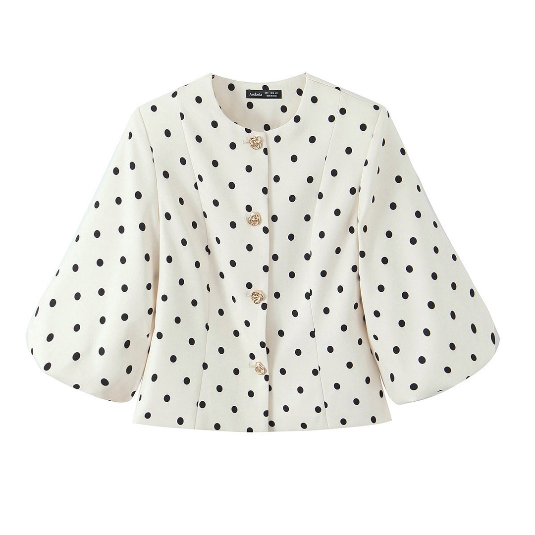 Damebluse med voluminøse ermer og polka-prikk mønster Skjora