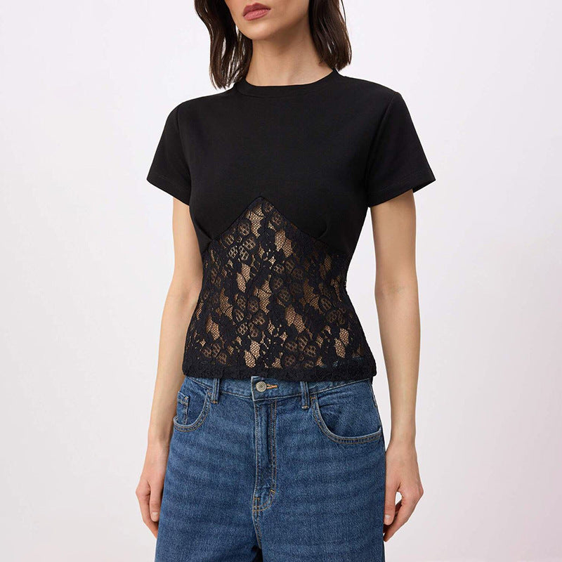 Dame Elegant overdel bluse laget av blonder og jersey Skjora