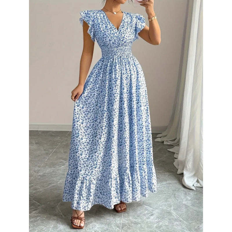 Dame Maxikjole med blomsterfrilldesign og elastisk midje Skjora
