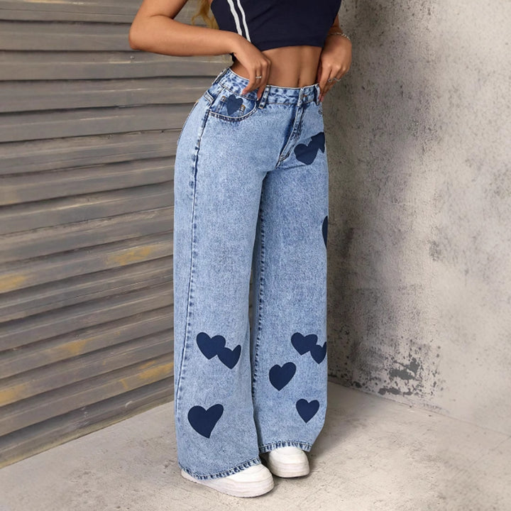 Kvinnelige brede jeans med hjerteapplikasjoner Skjora