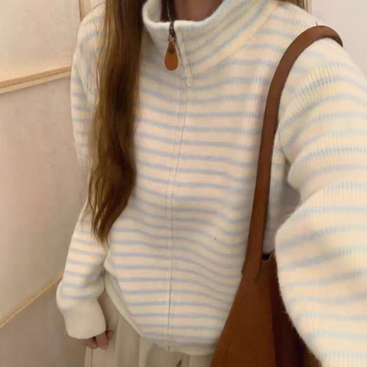 Kvinners ¼-zip quiltet genser med fin stripe tekstur Skjora