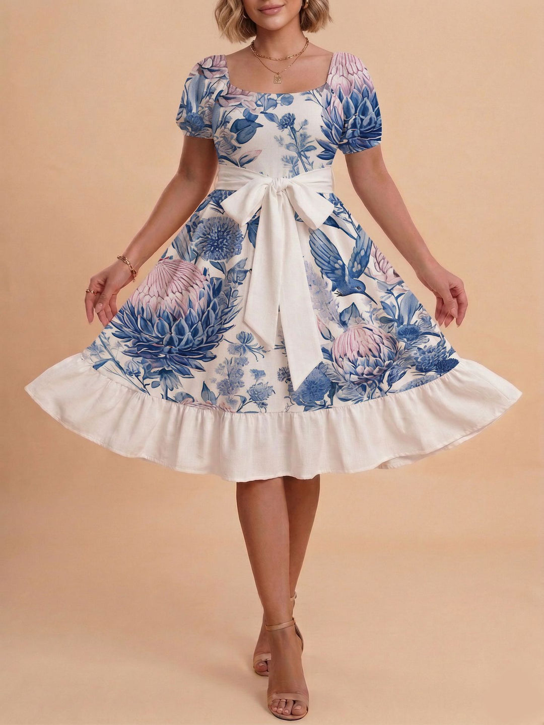 Damen Retro Maxikleid mit Puffärmeln und Taillengürtel Skjora