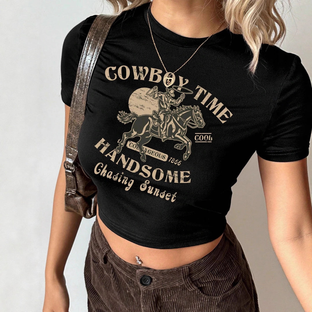 Dame Crop-T-skjorte med kreativt utsagn-design Skjora