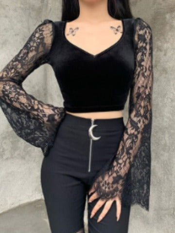 Dame Crop-Top med elegante spisse ermer og kroppsformet snitt Skjora