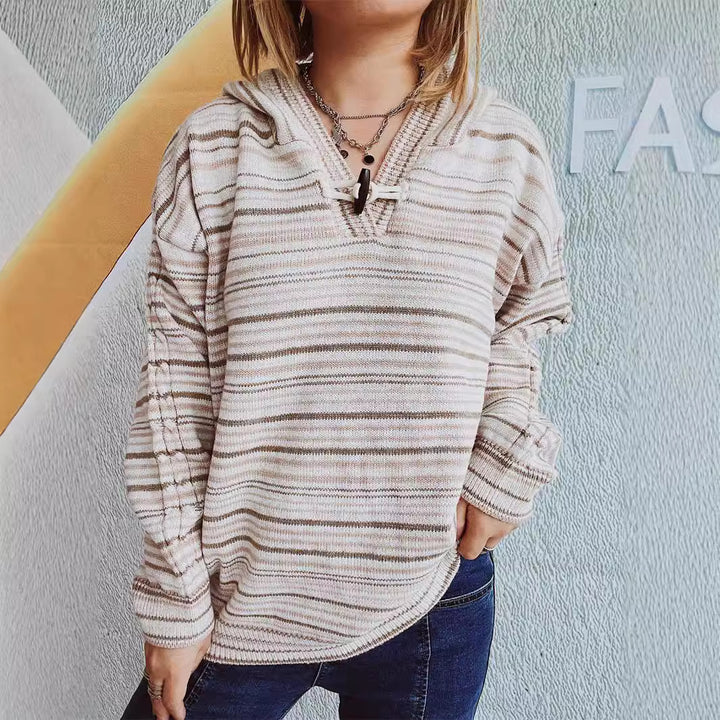 Women's Striped Hoodie with Wide Sleeves and Drawstring Skjora