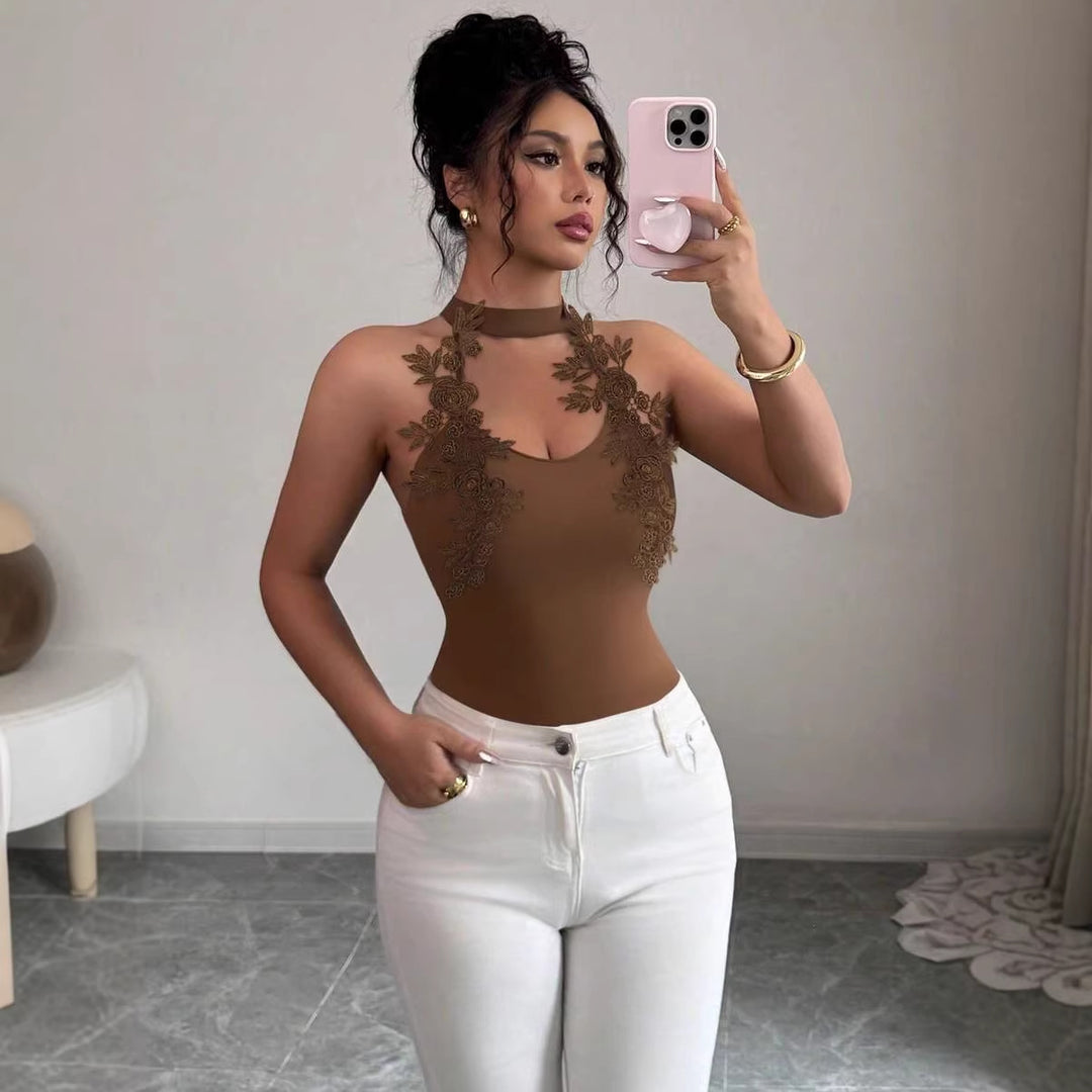 Dame Elegant Bodysuit med blomstrete blonderinnlegg Skjora