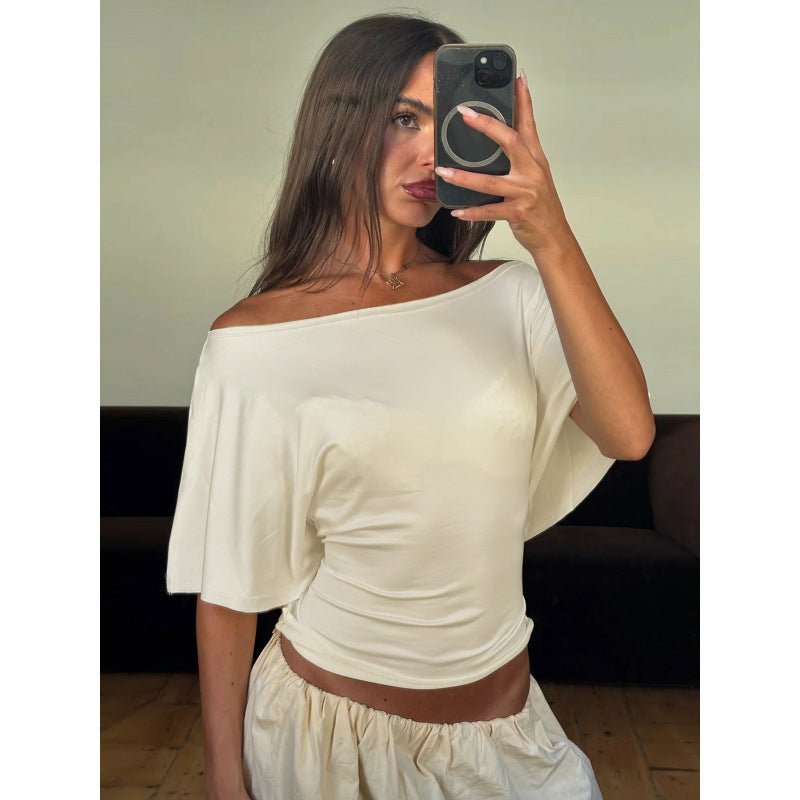 Damer asymmetrisk crop-top med vid skjæring og flytende ermer Skjora