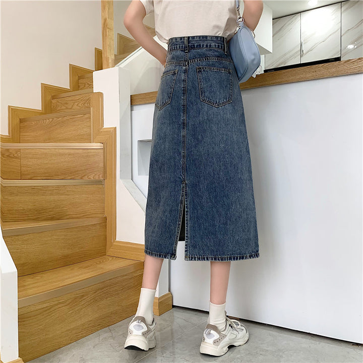 Kvinnelig Lang Denim Skjørt med Høy Kutt og Dekorative Sømmar Skjora