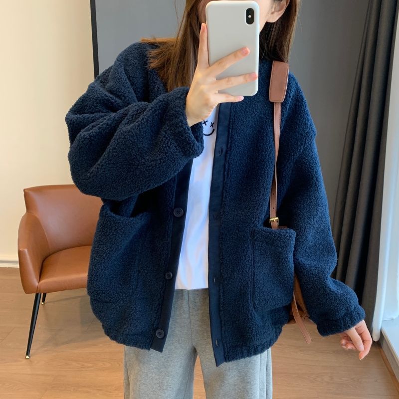 Kvinne Fluffy Oversized Jakke med Store Lommer