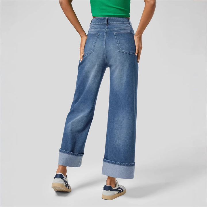 Kvinne brede jeans med høy midje og oppbrettet kant