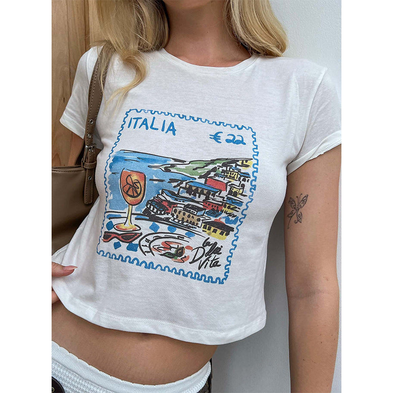 Dame ermeløs tanktop med kreativt postkortmotiv Skjora