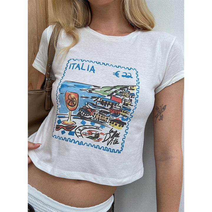 Dame ermeløs tanktop med kreativt postkortmotiv Skjora