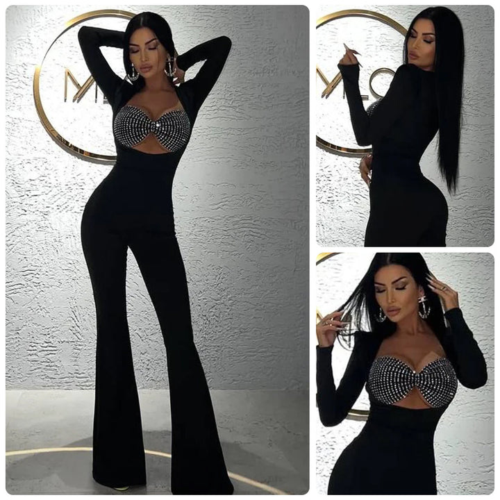 Dame Glamorous Jumpsuit med glitrende rhinestone-detaljer og figurnær skjæring