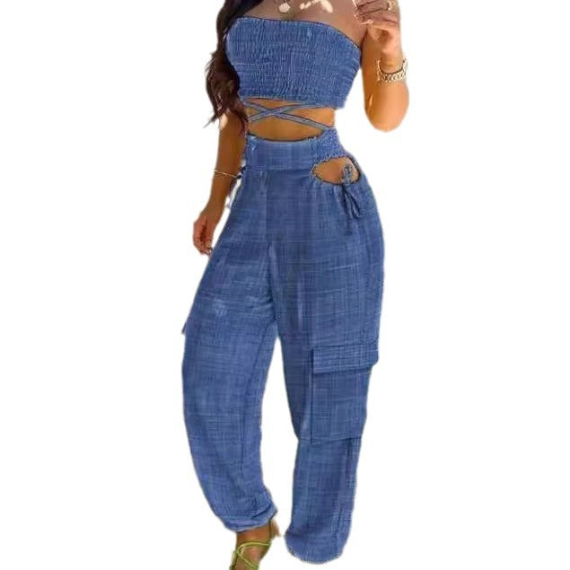 Dame Fasjonabel Todel bestående av Crop Top og Cargo-Bukse Skjora