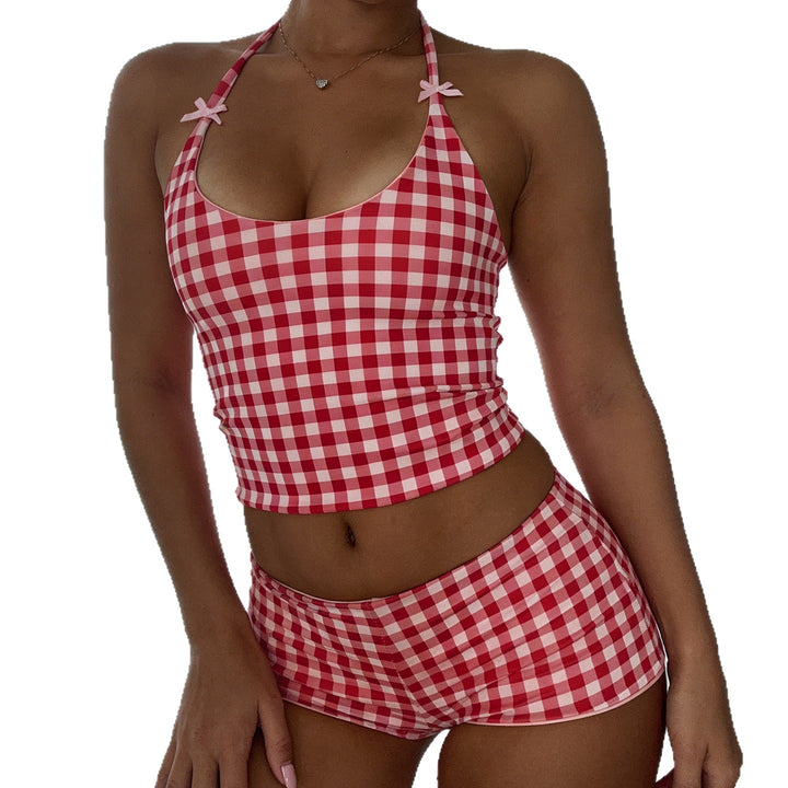 Dame Gingham-mønster badedrakt med justerbar stropp Skjora