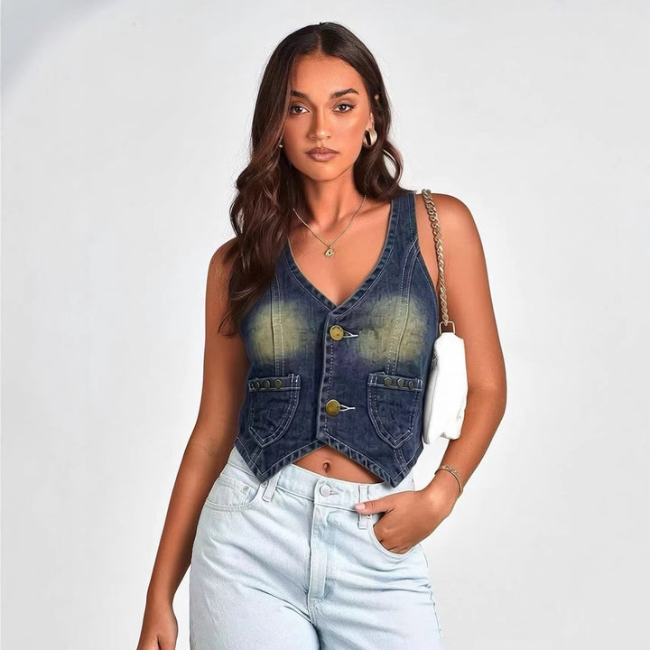 Dame Denim Bustier-jakke med knappdetaljer og påsydde lommer Skjora