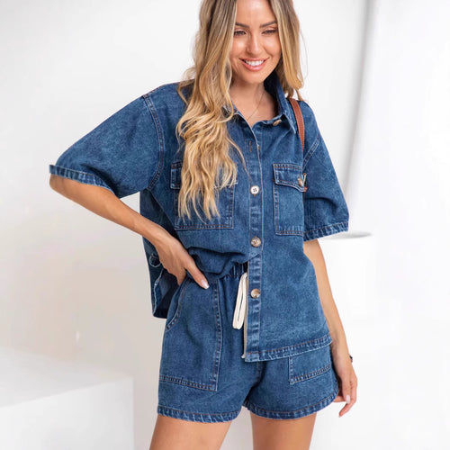 Dame denim skjorte og shorts sett i moteriktig stil Skjora