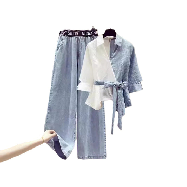Dame To-delt Sett med løstsittende, stripete topp og vide jeans-bukser Skjora