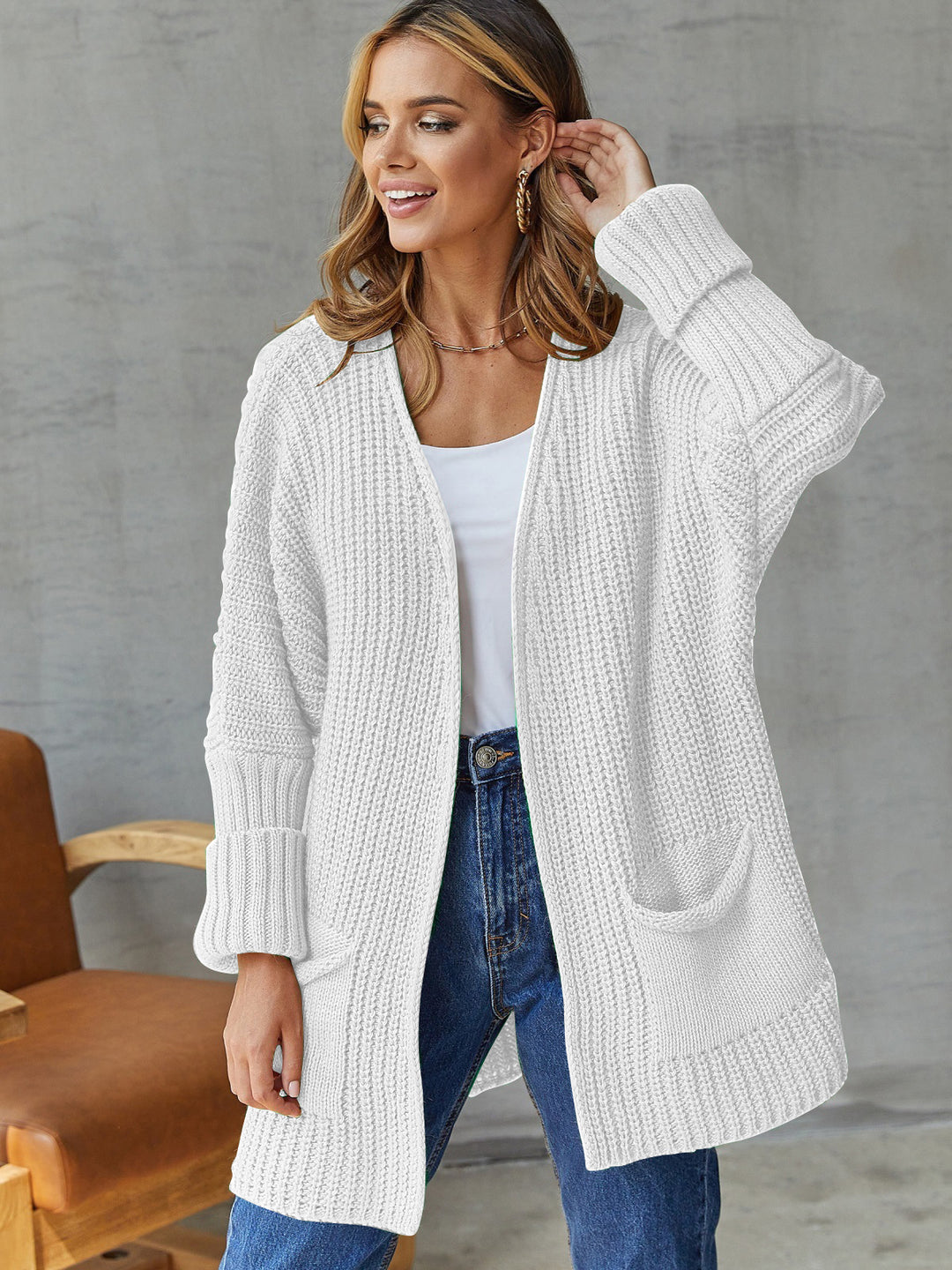Kvinne cardigan med åpen front og store lommer Skjora