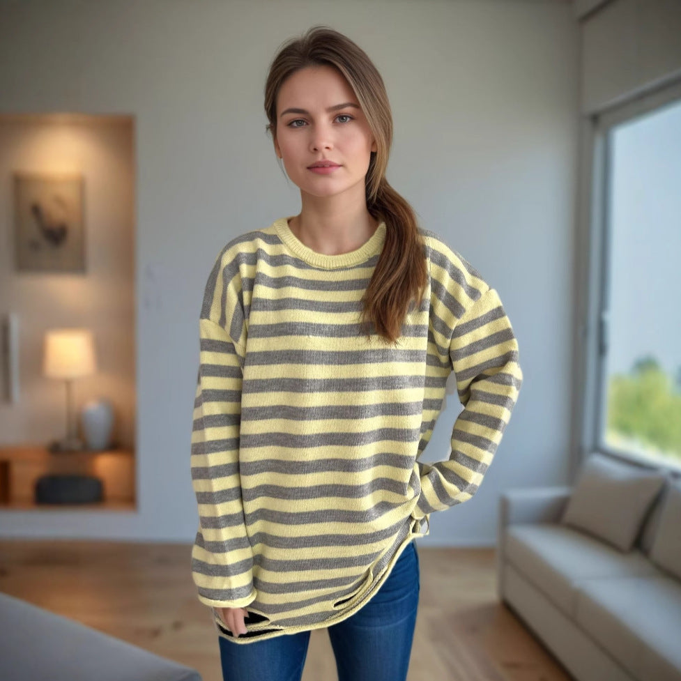 Dame strikket oversized genser med avslappet stripemønster Skjora