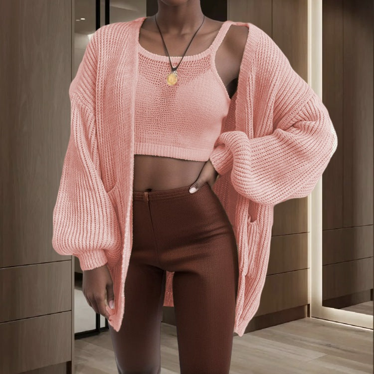 Damer chunky strikket cardigan med voluminøse ermer og praktiske lommer Skjora
