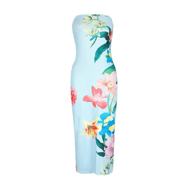 Dame maxikjole i elegant bandeau-stil med blomstermønster Skjora