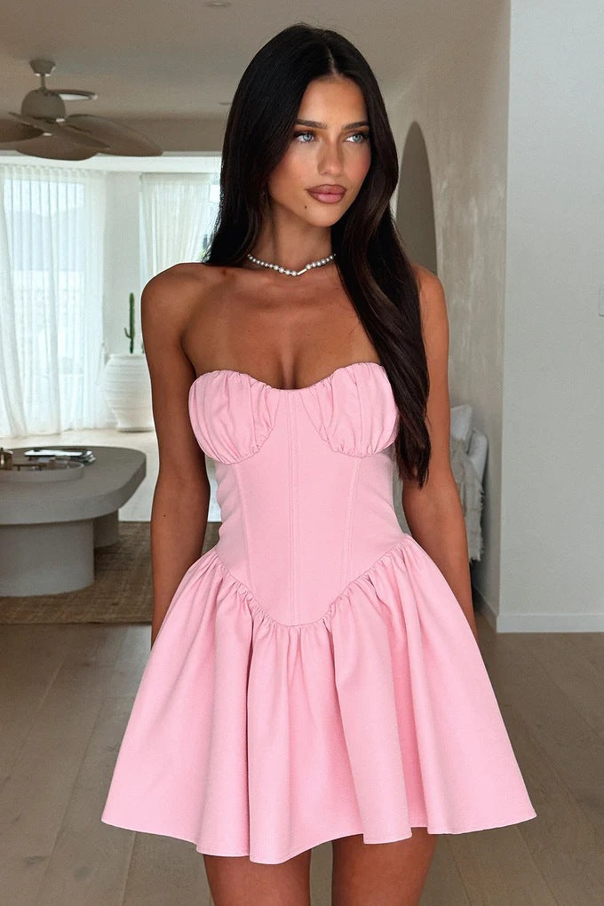 Damen Bustierkleid mit ausgestellt Rock und Raffungen Skjora