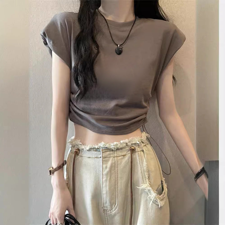 Kvindernes cropped T-shirt med justerbar snor og trendy puffærmer