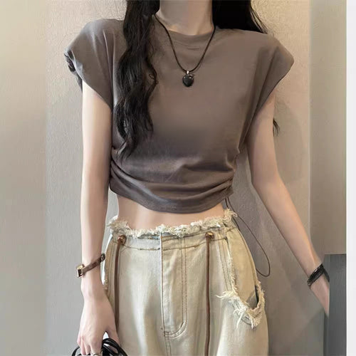 Kvindernes cropped T-shirt med justerbar snor og trendy puffærmer