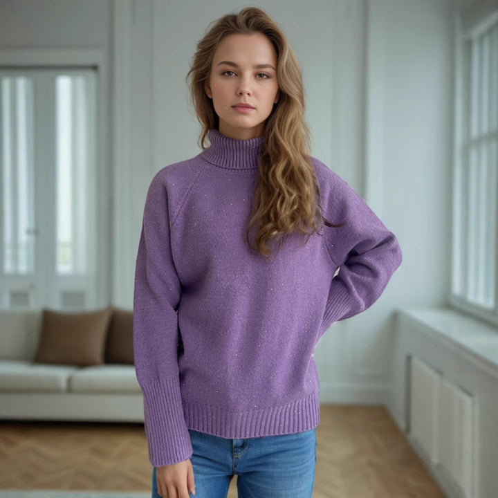 Damer elegant turtleneck genser med teksturert strikkedesign og glitrende aksenter Skjora