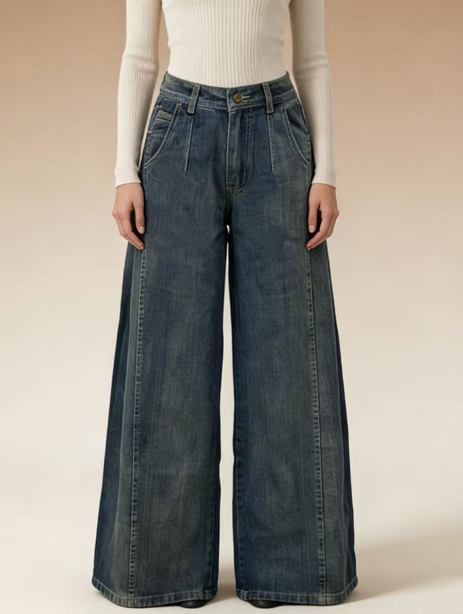 Dame vide denim-jeans med høy midje og klassisk snitt Skjora