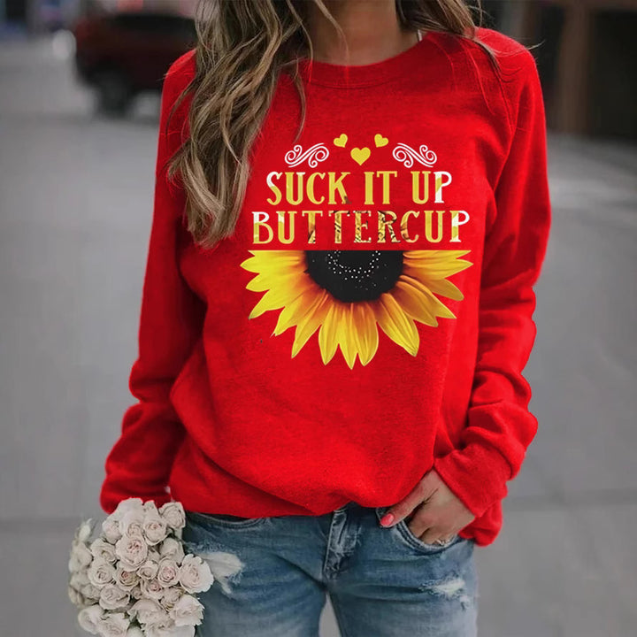 Dame sweatshirt med kreativ solfleurtrykk og motiverende sitat Skjora