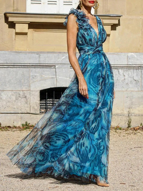 Damer Elegant Maxi Kjole med Delikate Volangdetaljer og Opaque Chiffon Skjora