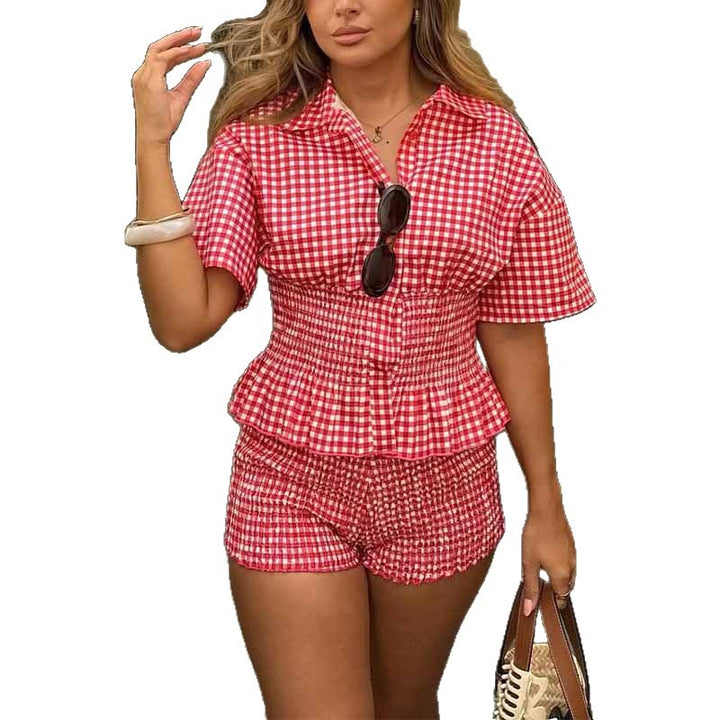 Kvinne To-dels Rutedesign Sett med Skreddersydd Bluse og Sporty Shorts Skjora