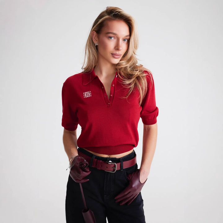 Dame polo skjorte med elegant krage og fin strikket struktur Skjora