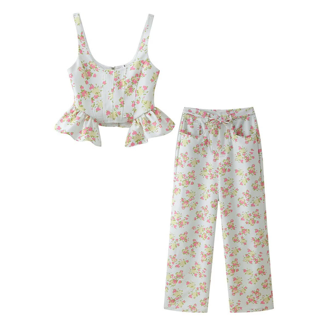 Dame blomster mønster crop-top og bukse sett Skjora