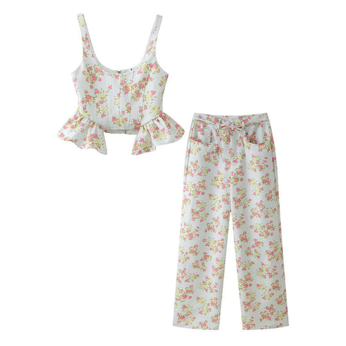 Dame blomster mønster crop-top og bukse sett Skjora