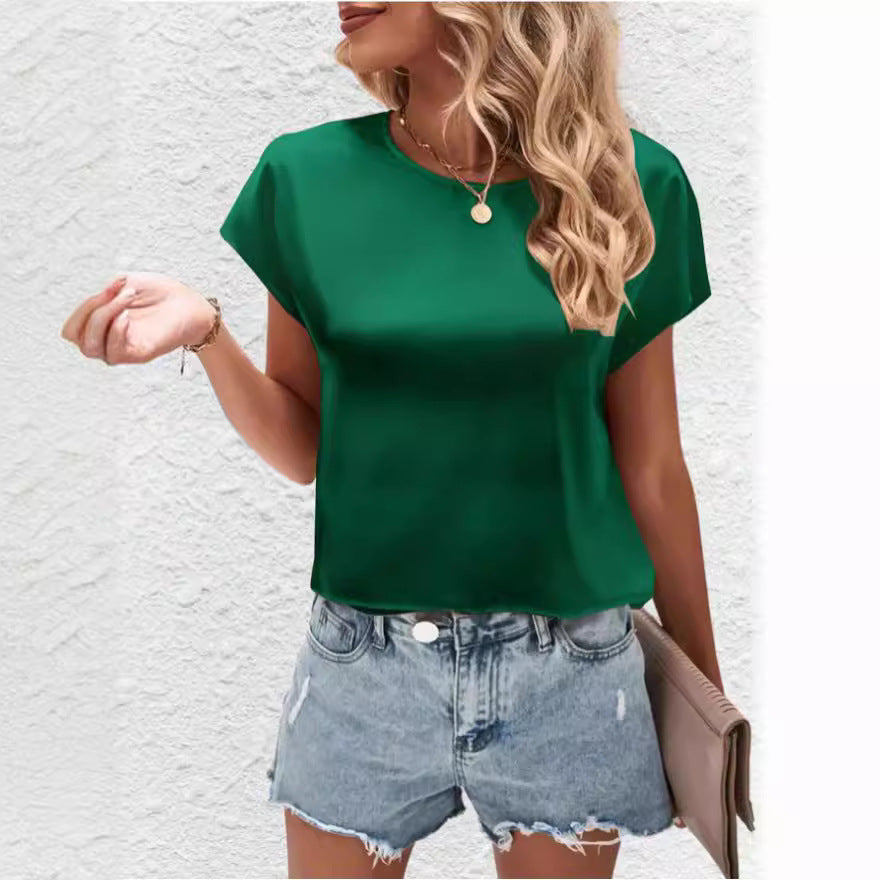 Damer Elegant Satin topp med avslappet snitt og korte ermer Skjora