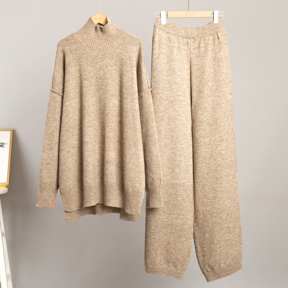 Dame Elegant Strikk Ensemble med Høy Krage og Løs Passform Skjora