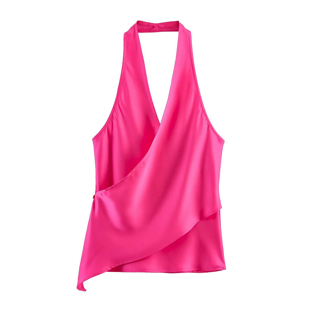 Dame elegant haltertop med asymmetrisk snitt og skimrende satinfinish Skjora
